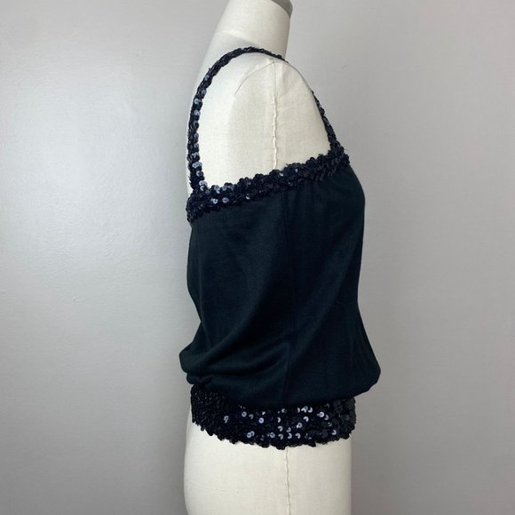 Vintage 1970s Black Tank Top with Sequin Straps & Waistband, Toppettes Size S-L - Picture 3 of 7